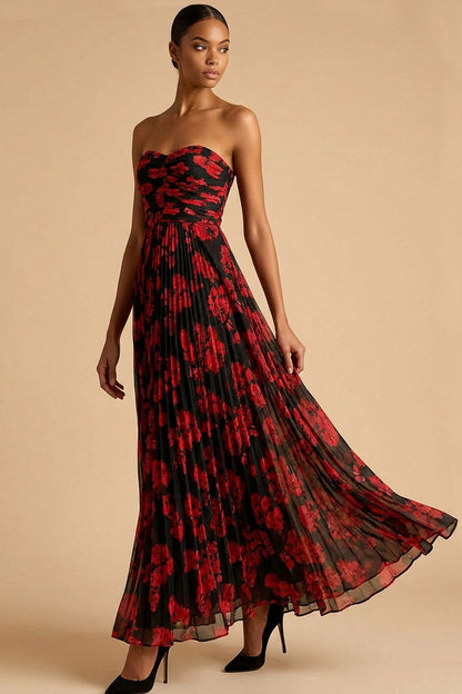 Black Red Flower Vivienne Floral Pleated A-Line Dress