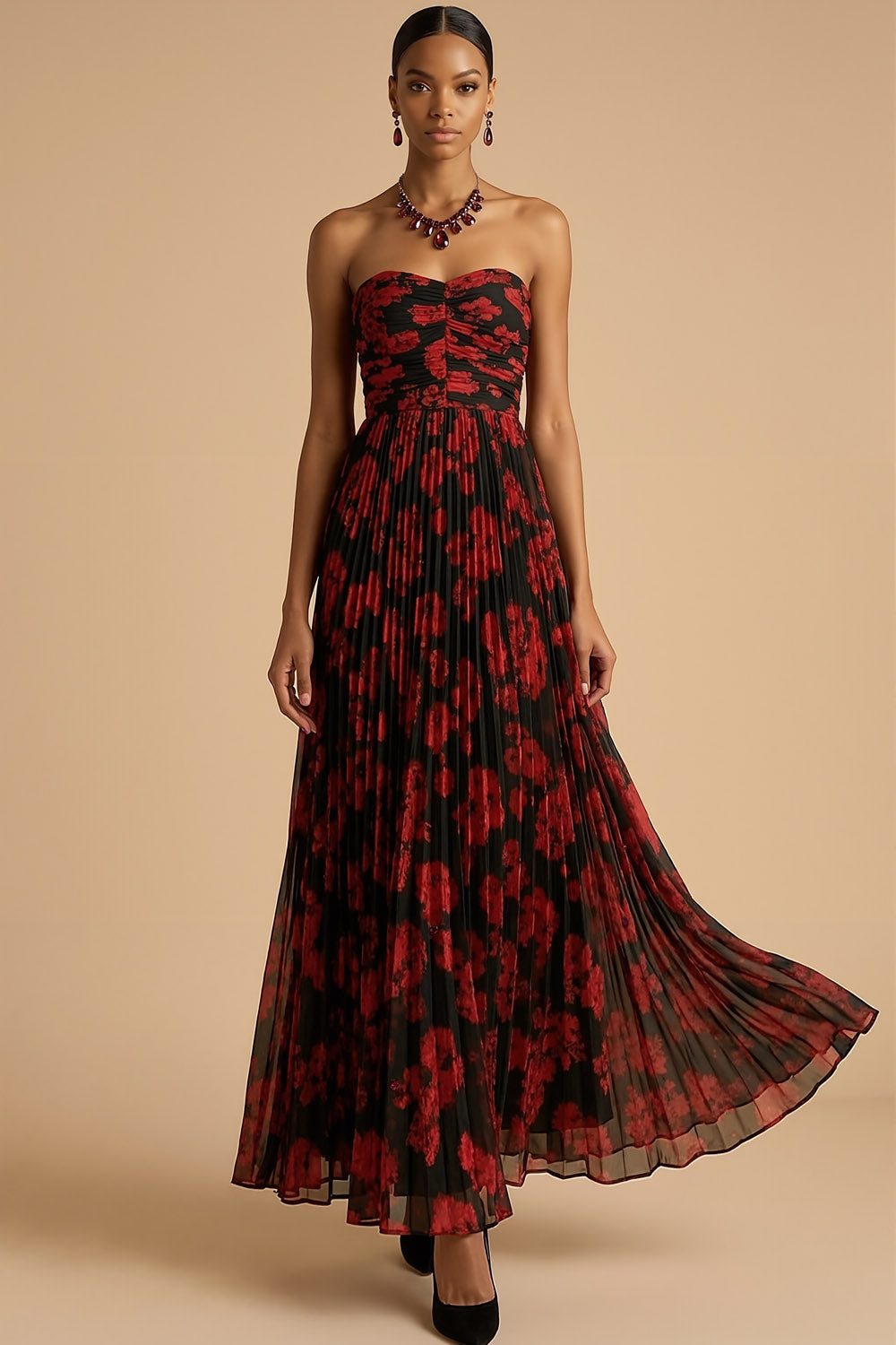 Black Red Flower Vivienne Floral Pleated A-Line Dress