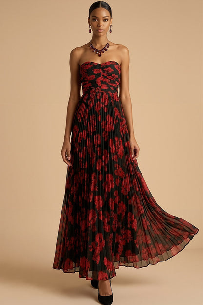 Black Red Flower Vivienne Floral Pleated A-Line Dress