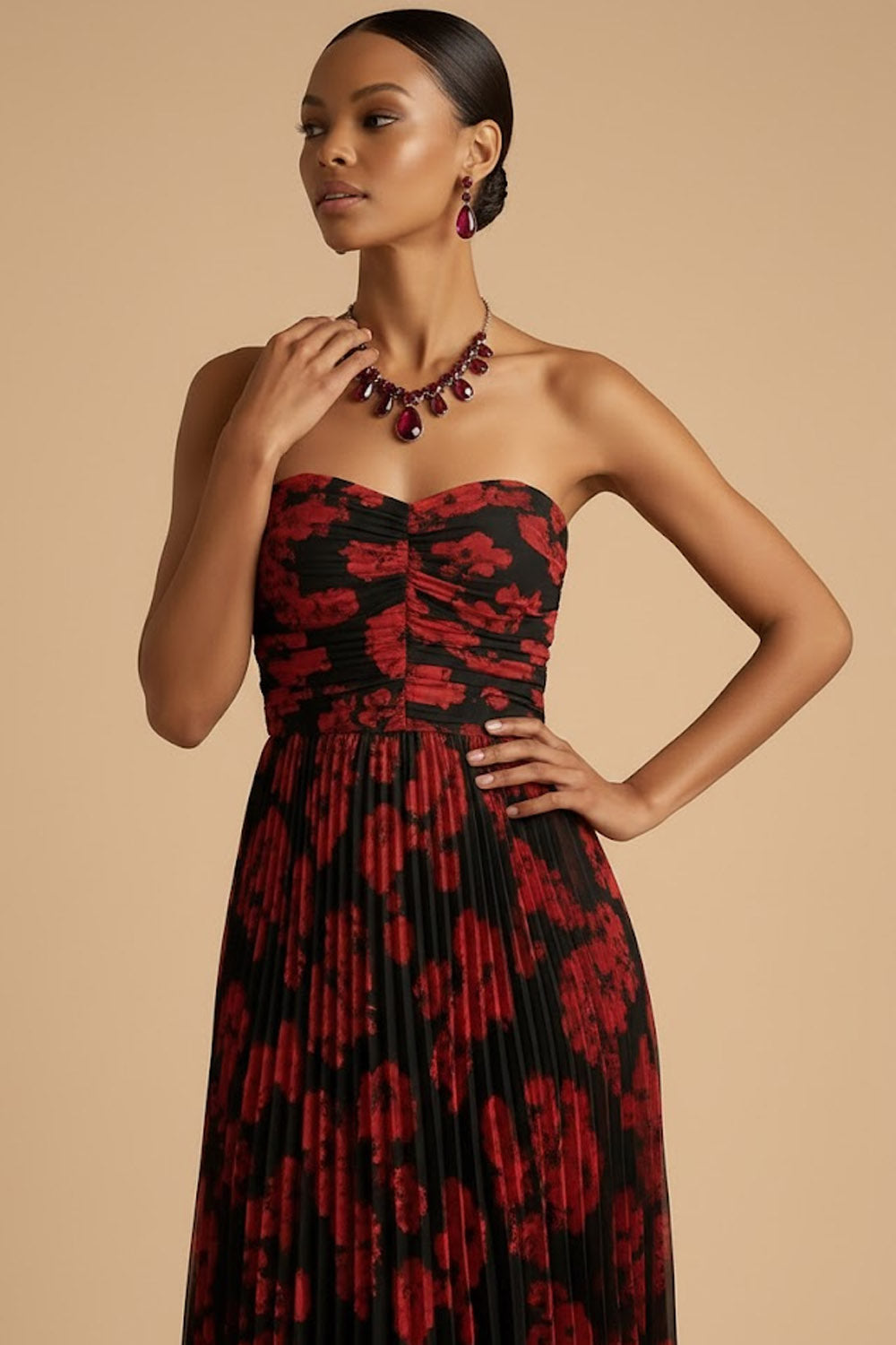 Black Red Flower Vivienne Floral Pleated A-Line Dress