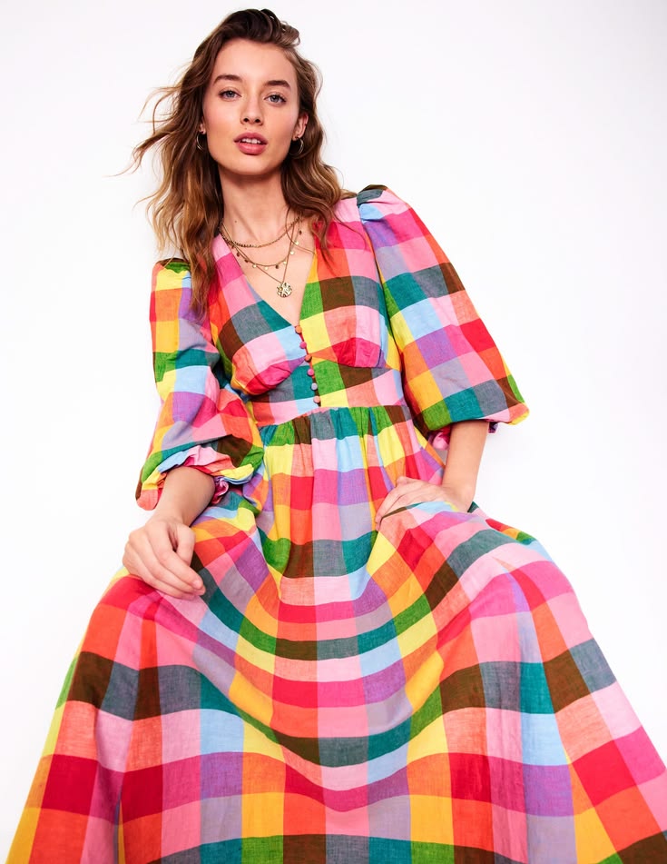 Lola Blouson Maxi Dress in Rainbow Multigingham