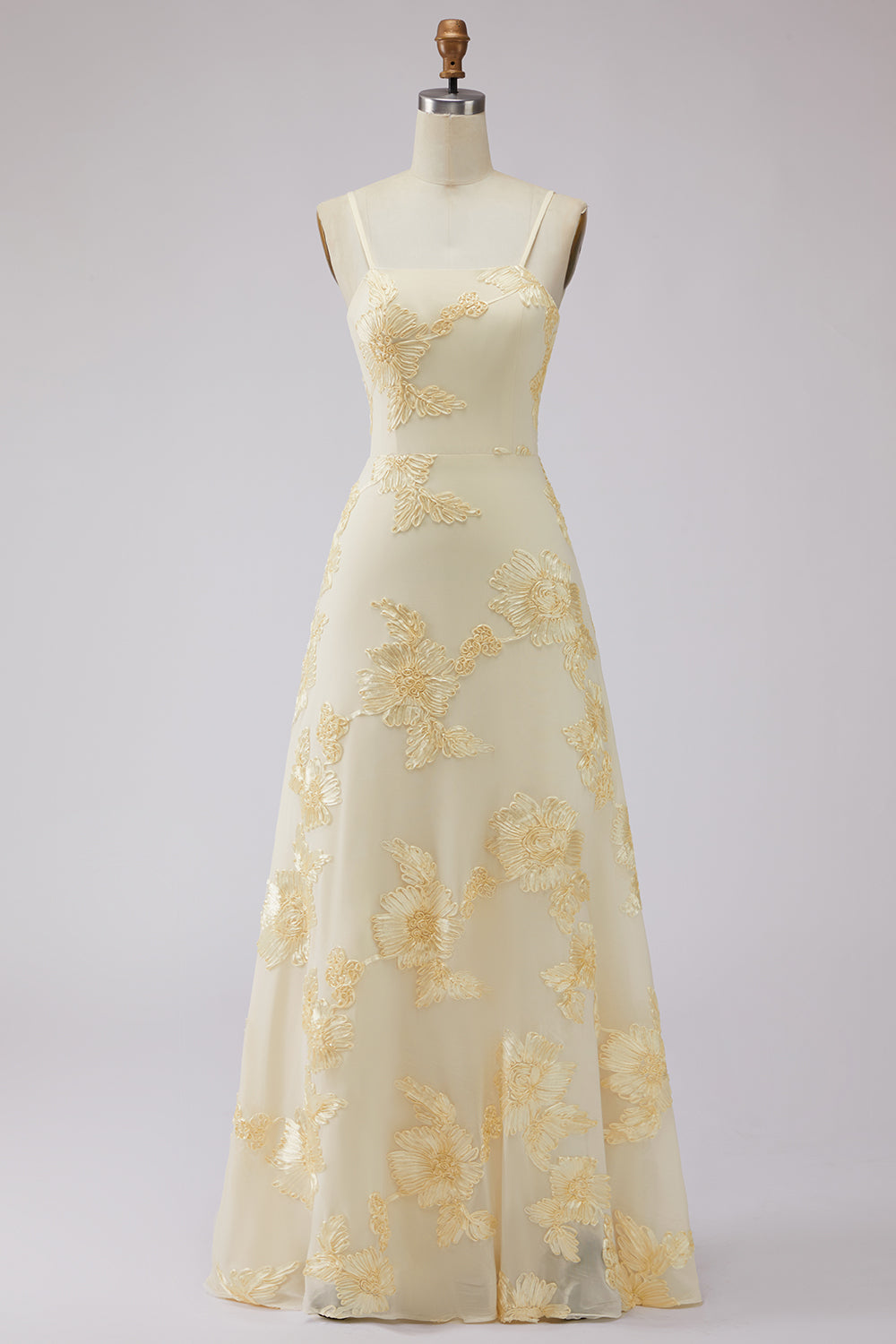 Yellow Celestine Floral Appliqué A-Line Gown