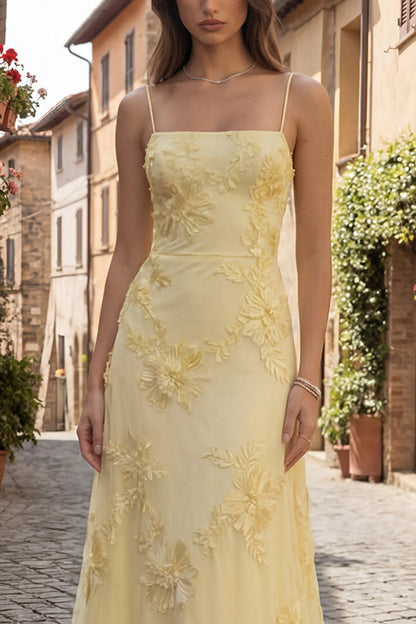 Yellow Celestine Floral Appliqué A-Line Gown