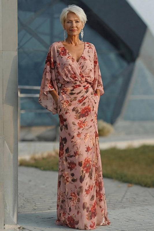 Dusty Rose Flower Dusty Rose Floral V Neck Sheath Mother of the Bride Dress with Flared Sleeves