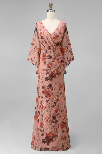 Dusty Rose Flower Dusty Rose Floral V Neck Sheath Mother of the Bride Dress with Flared Sleeves