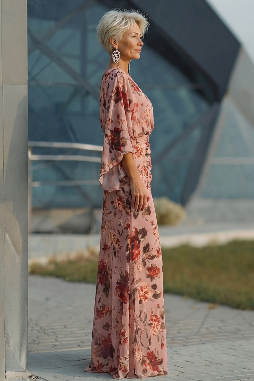 Dusty Rose Flower Dusty Rose Floral V Neck Sheath Mother of the Bride Dress with Flared Sleeves