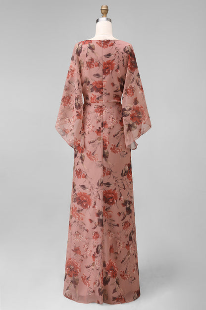 Dusty Rose Flower Dusty Rose Floral V Neck Sheath Mother of the Bride Dress with Flared Sleeves