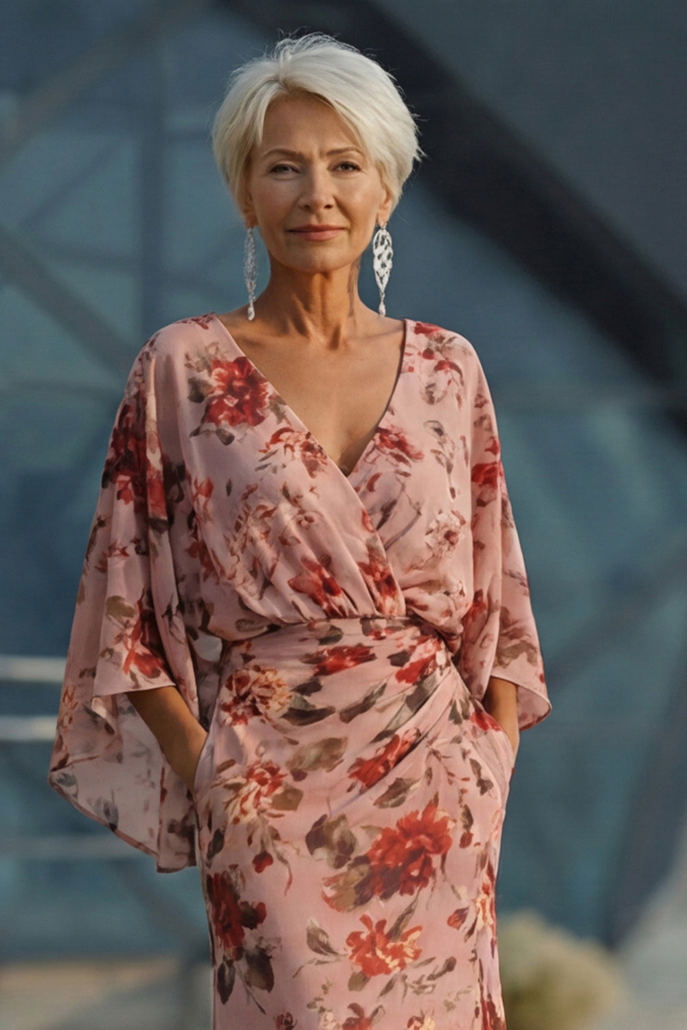 Dusty Rose Flower Dusty Rose Floral V Neck Sheath Mother of the Bride Dress with Flared Sleeves