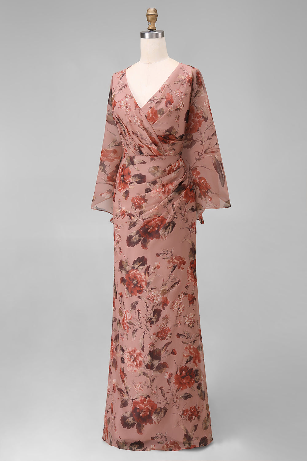 Dusty Rose Flower Dusty Rose Floral V Neck Sheath Mother of the Bride Dress with Flared Sleeves