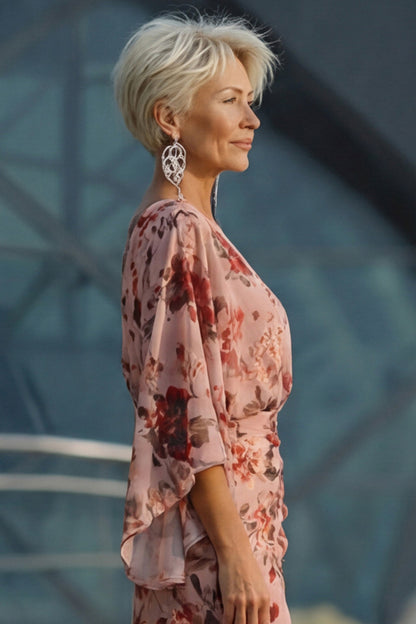 Dusty Rose Flower Dusty Rose Floral V Neck Sheath Mother of the Bride Dress with Flared Sleeves