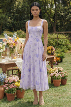 Flieder Bedrucktes Quadratischer Ausschnitt A-Linie Chiffon Midi Hochzeitsgast Kleid