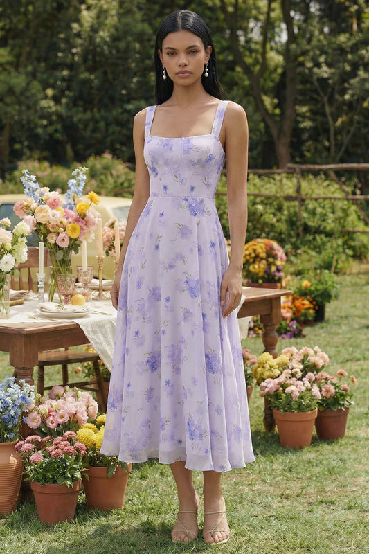 Linie Chiffon Midi Hochzeitsgast Kleid Flieder Bedrucktes Quadratischer Ausschnitt A-Linie Chiffon Midi Hochzeitsgast Kleid