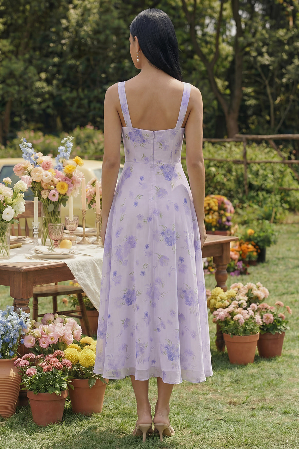 Linie Chiffon Midi Hochzeitsgast Kleid Flieder Bedrucktes Quadratischer Ausschnitt A-Linie Chiffon Midi Hochzeitsgast Kleid