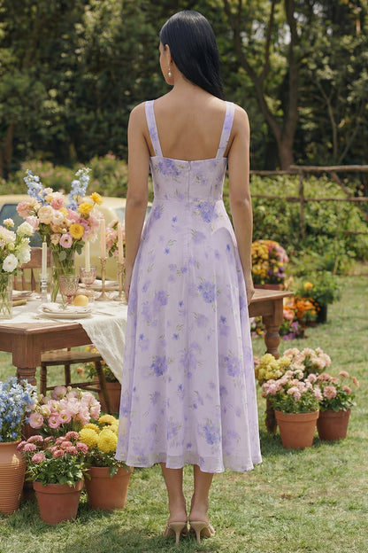 Linie Chiffon Midi Hochzeitsgast Kleid Flieder Bedrucktes Quadratischer Ausschnitt A-Linie Chiffon Midi Hochzeitsgast Kleid