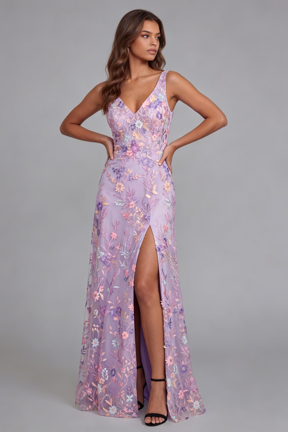 Line Midi Kleid mit Schlitz Liliana Floral Appliqué A-Line Midi Dress