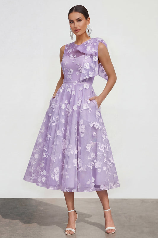 Lilac Lilac A Line Round Neck Maxi Wedding Guest Dress with Pockets - Lilac / US20W