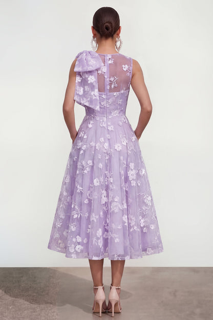 Blue Lilac A Line Round Neck Maxi Wedding Guest Dress with Pockets - Lilac / US20W