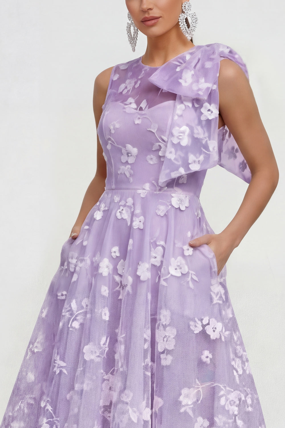 Apricot Lilac A Line Round Neck Maxi Wedding Guest Dress with Pockets - Lilac / US20W
