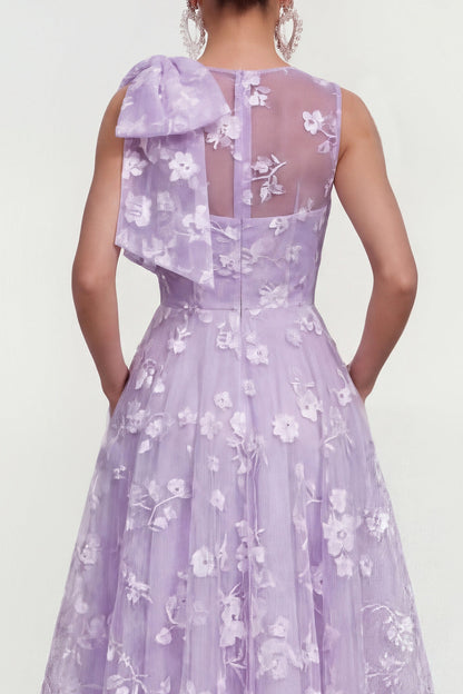 Blue Lilac A Line Round Neck Maxi Wedding Guest Dress with Pockets - Lilac / US20W