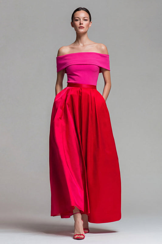 Fuchsia and Red Vivienne Off-Shoulder Color Block Midi Dress