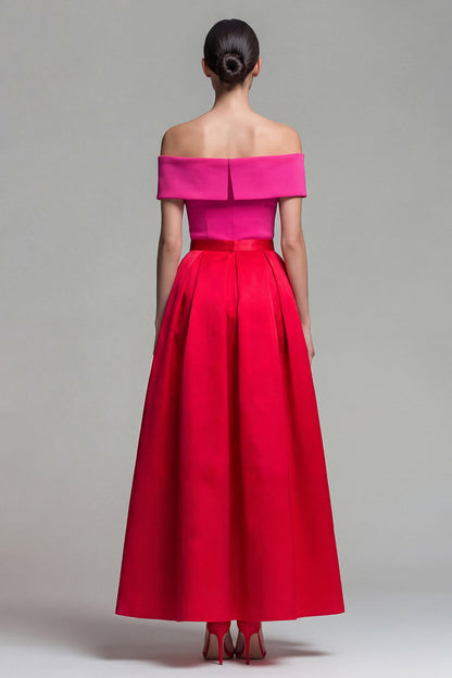 Fuchsia and Red Vivienne Off-Shoulder Color Block Midi Dress