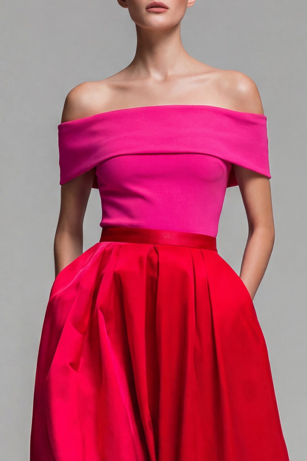 Green and Blue Vivienne Off-Shoulder Color Block Midi Dress