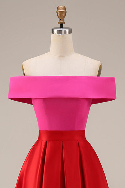 Black and Fuchsia Vivienne Off-Shoulder Color Block Midi Dress