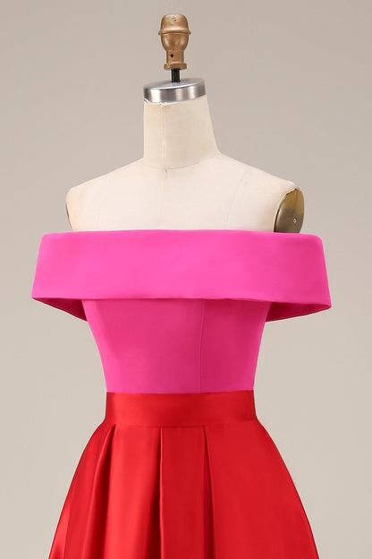 Fuchsia and Red Vivienne Off-Shoulder Color Block Midi Dress