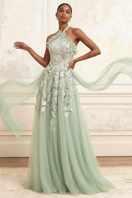 Dusty Sage Celestine Floral Halter Gown with Cape