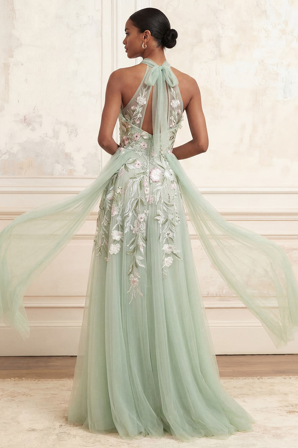 Dusty Sage Celestine Floral Halter Gown with Cape