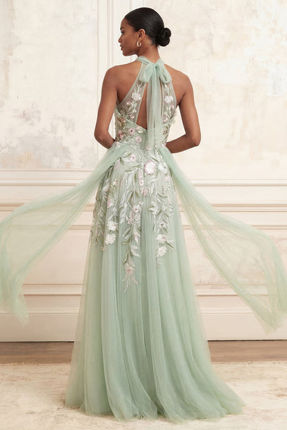 Dusty Sage Celestine Floral Halter Gown with Cape