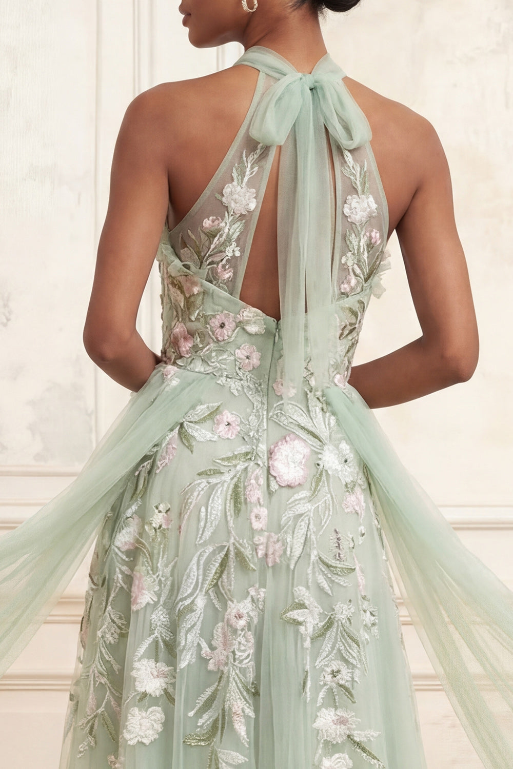 Dusty Sage Celestine Floral Halter Gown with Cape