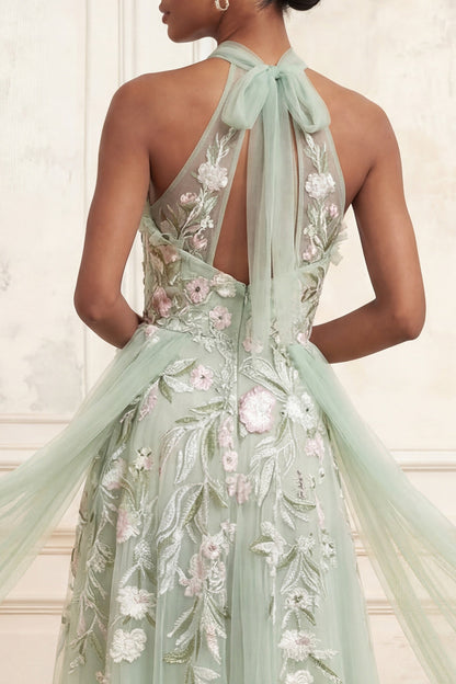 Dusty Sage Celestine Floral Halter Gown with Cape