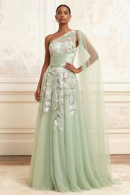 Dusty Sage Arabella Floral Ruched A-Line Dress with Side Cape