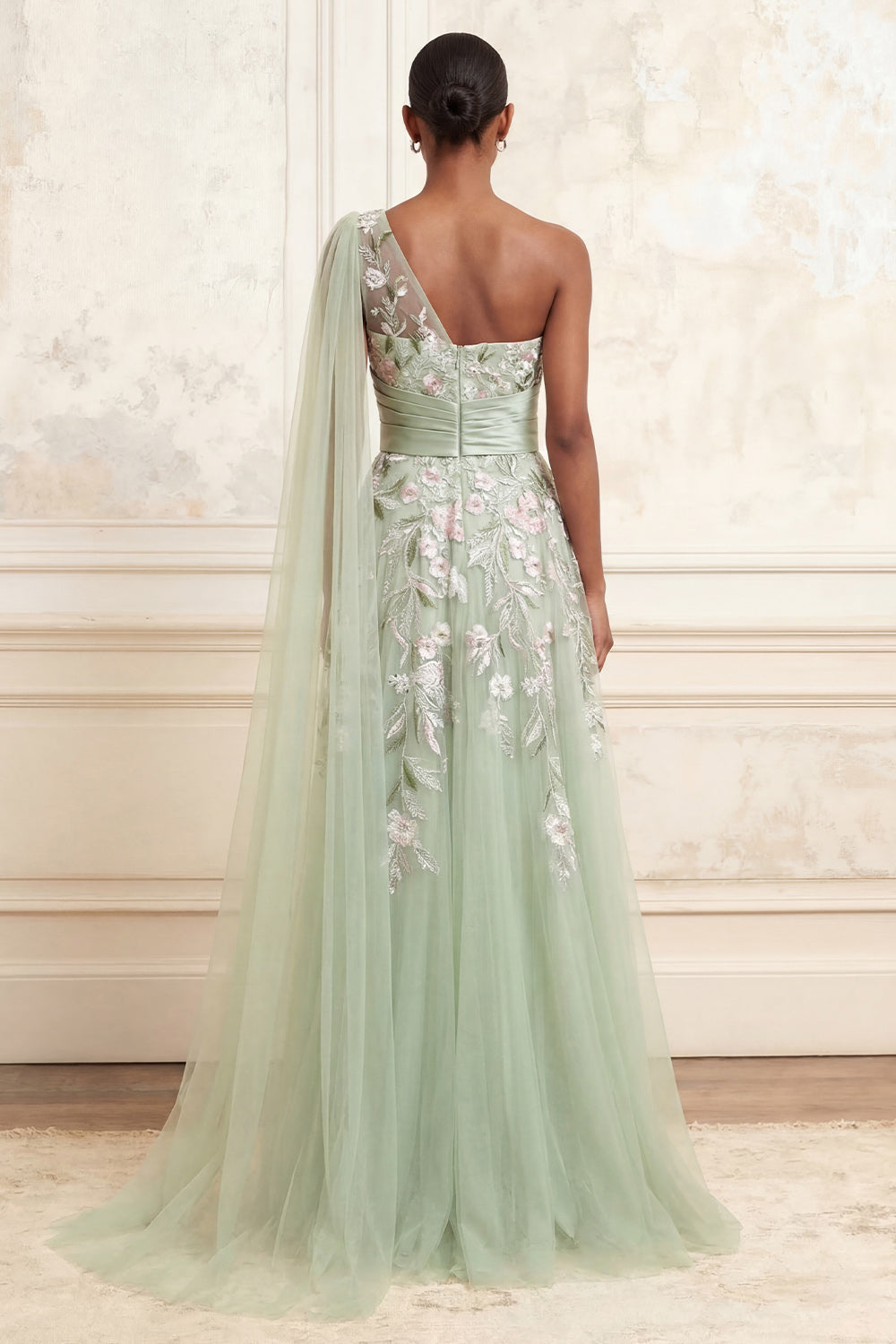 Dusty Sage Arabella Floral Ruched A-Line Dress with Side Cape