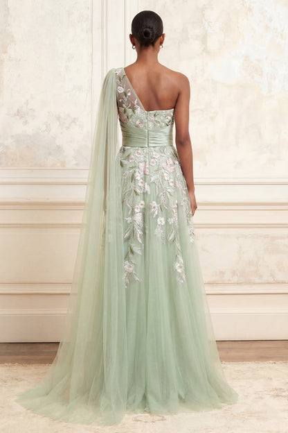 Dusty Sage Arabella Floral Ruched A-Line Dress with Side Cape