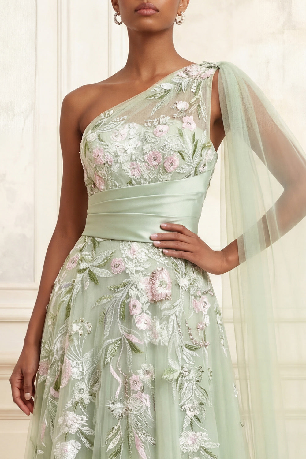 Dusty Sage Arabella Floral Ruched A-Line Dress with Side Cape