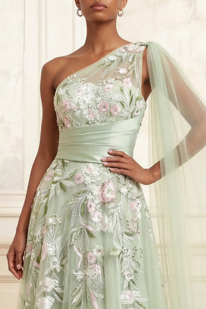 Dusty Sage Arabella Floral Ruched A-Line Dress with Side Cape
