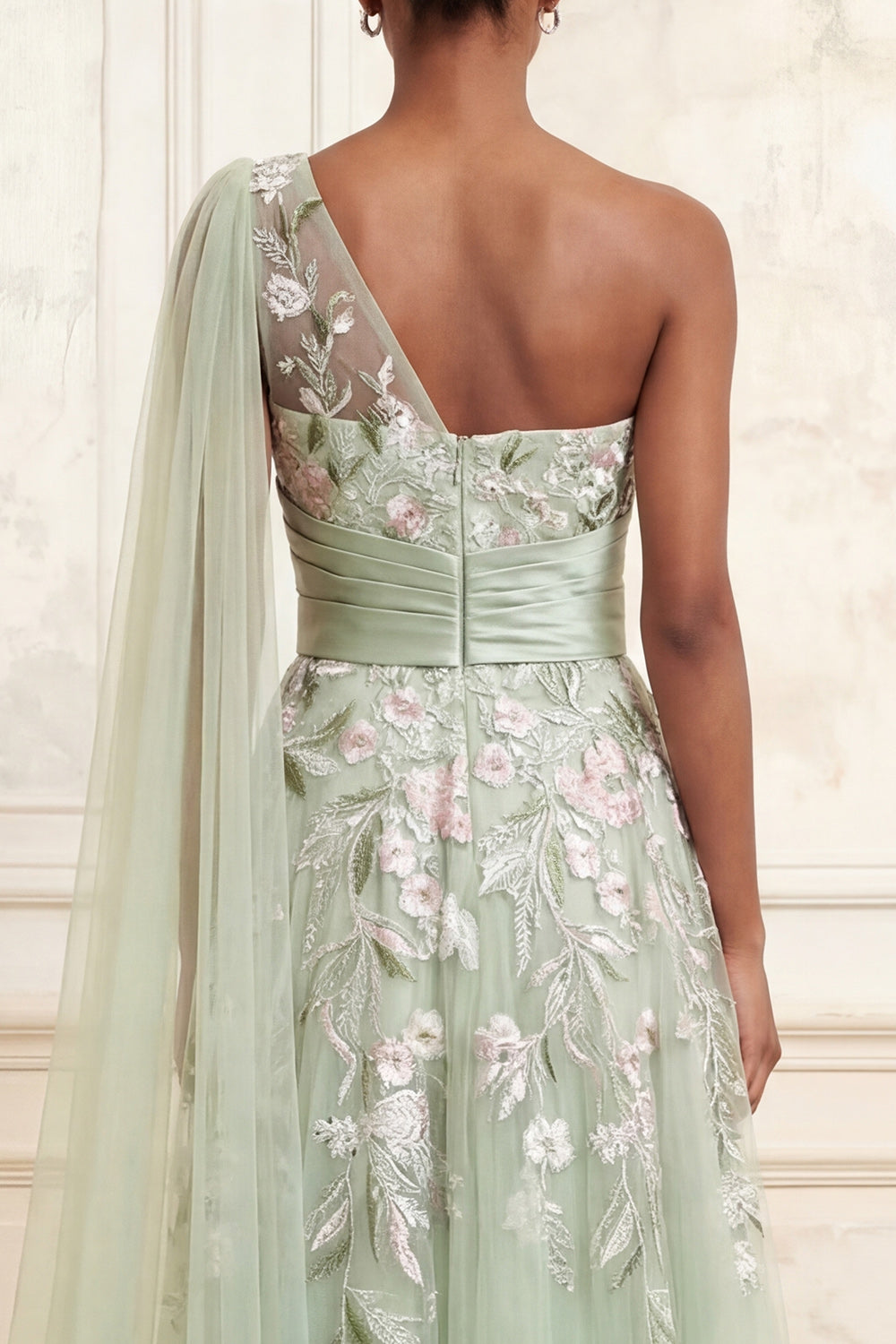 Dusty Sage Arabella Floral Ruched A-Line Dress with Side Cape