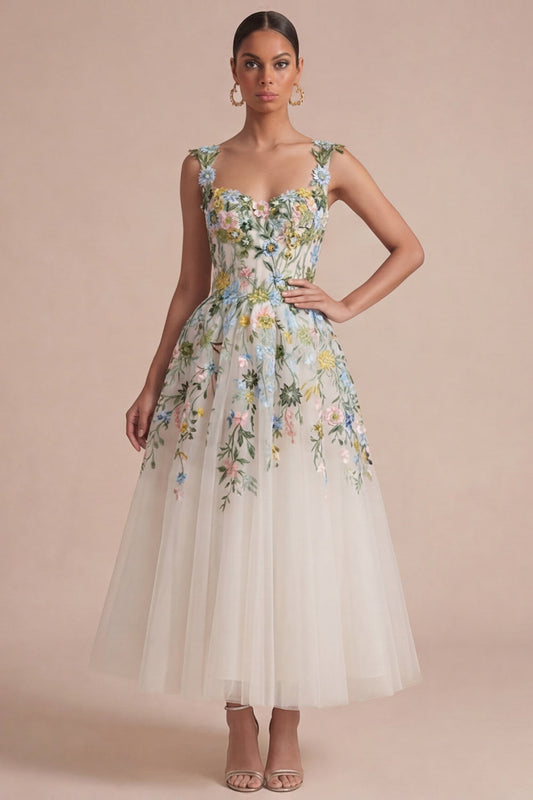 White Arabella Floral Corset Midi Dress