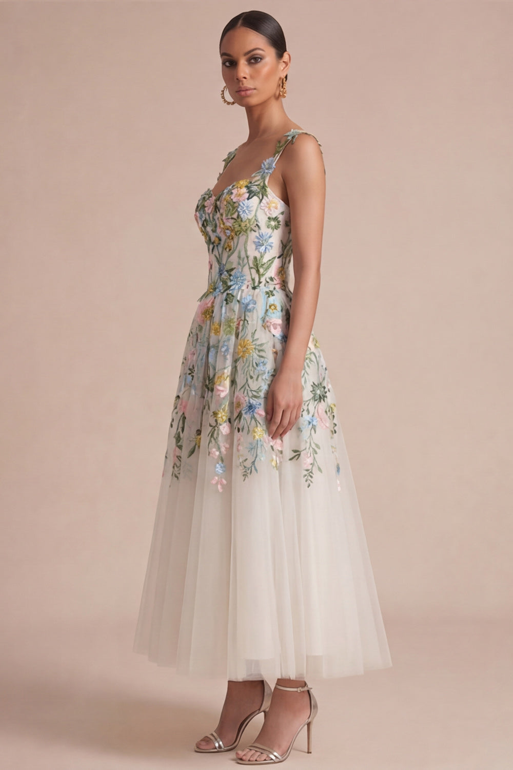 White Arabella Floral Corset Midi Dress