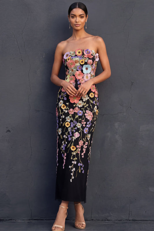 Black Margot Floral Appliqué Strapless Midi Dress