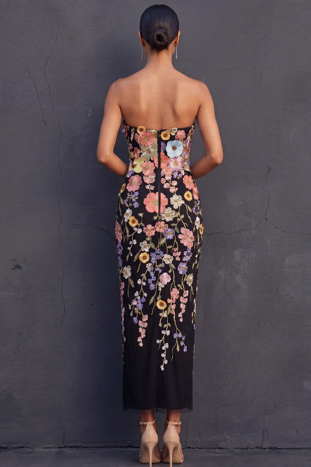 Black Margot Floral Appliqué Strapless Midi Dress