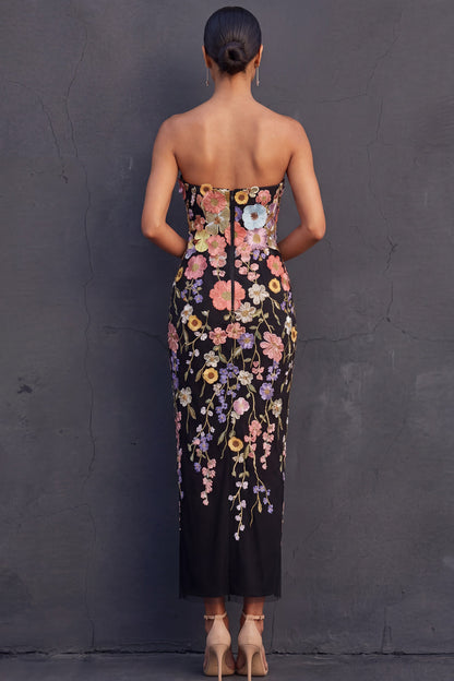 Black Margot Floral Appliqué Strapless Midi Dress