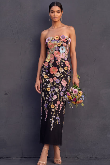 Black Margot Floral Appliqué Strapless Midi Dress