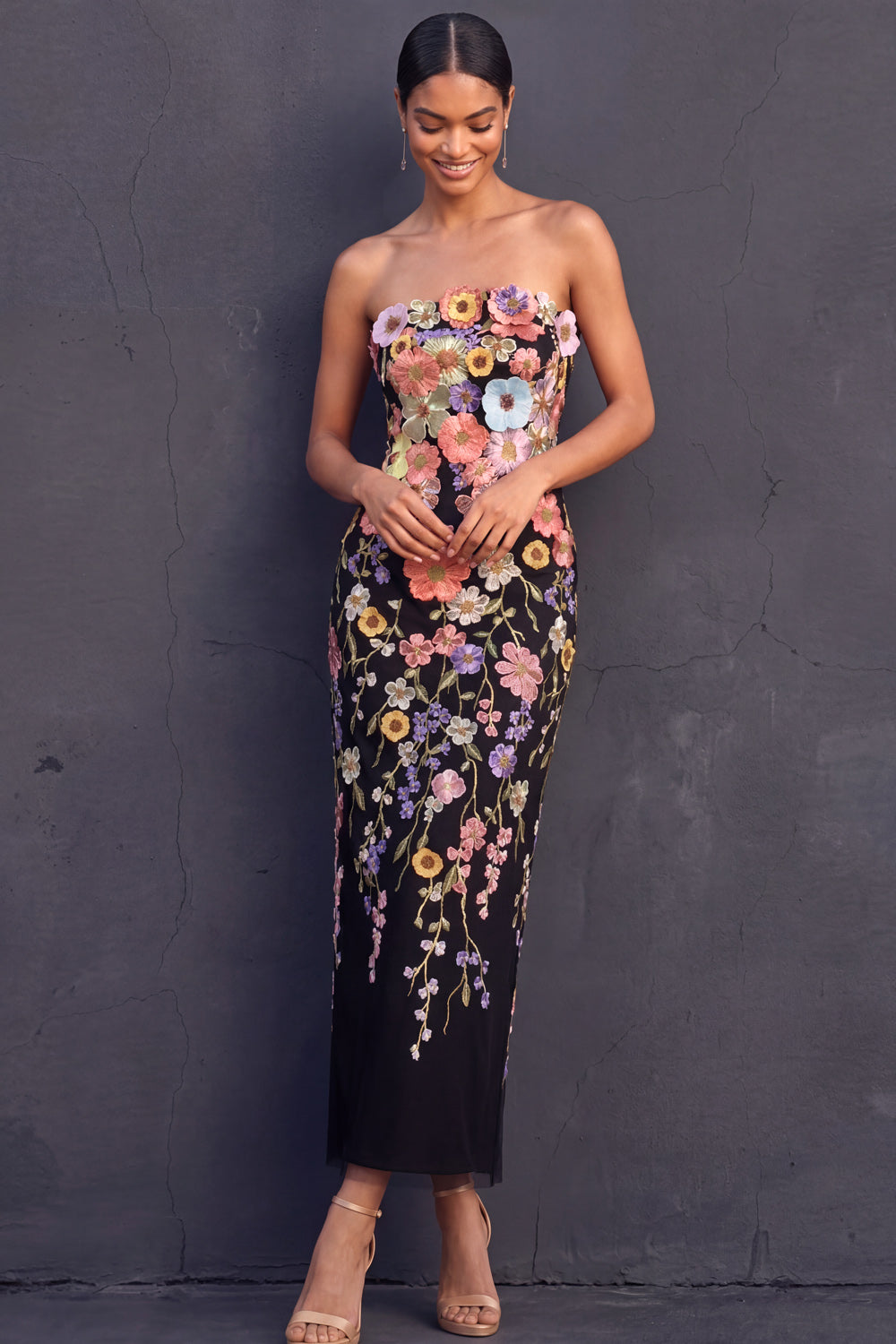 Black Margot Floral Appliqué Strapless Midi Dress