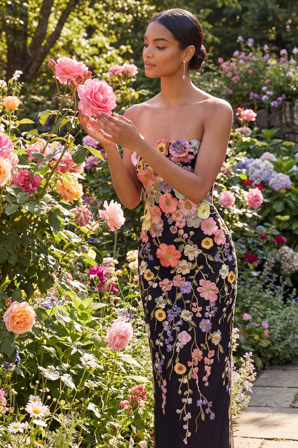 Black Margot Floral Appliqué Strapless Midi Dress