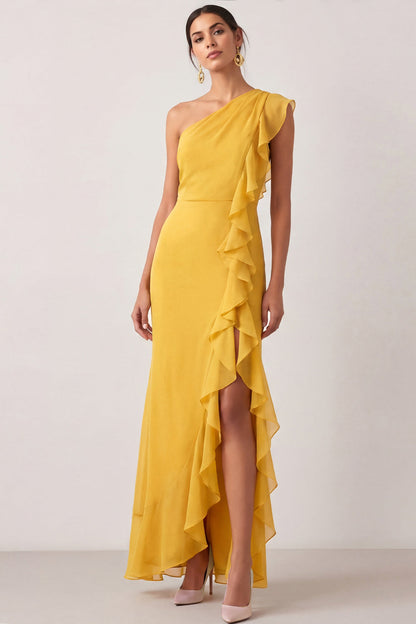 Yellow Margot One-Shoulder Ruffle Maxi Dress