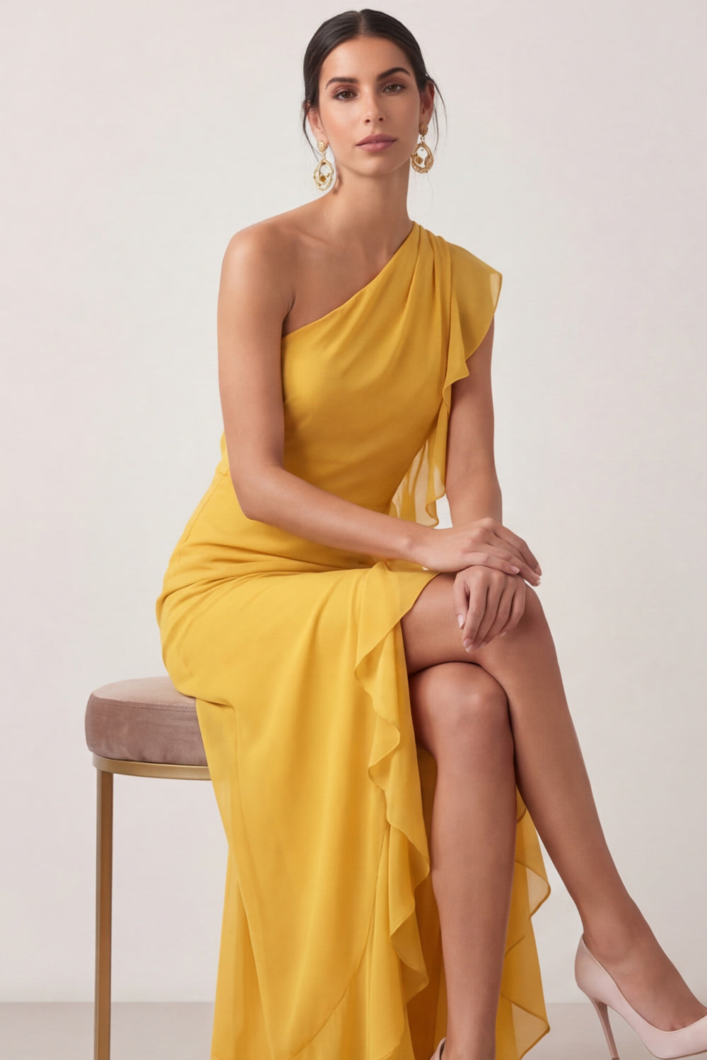 Yellow Margot One-Shoulder Ruffle Maxi Dress