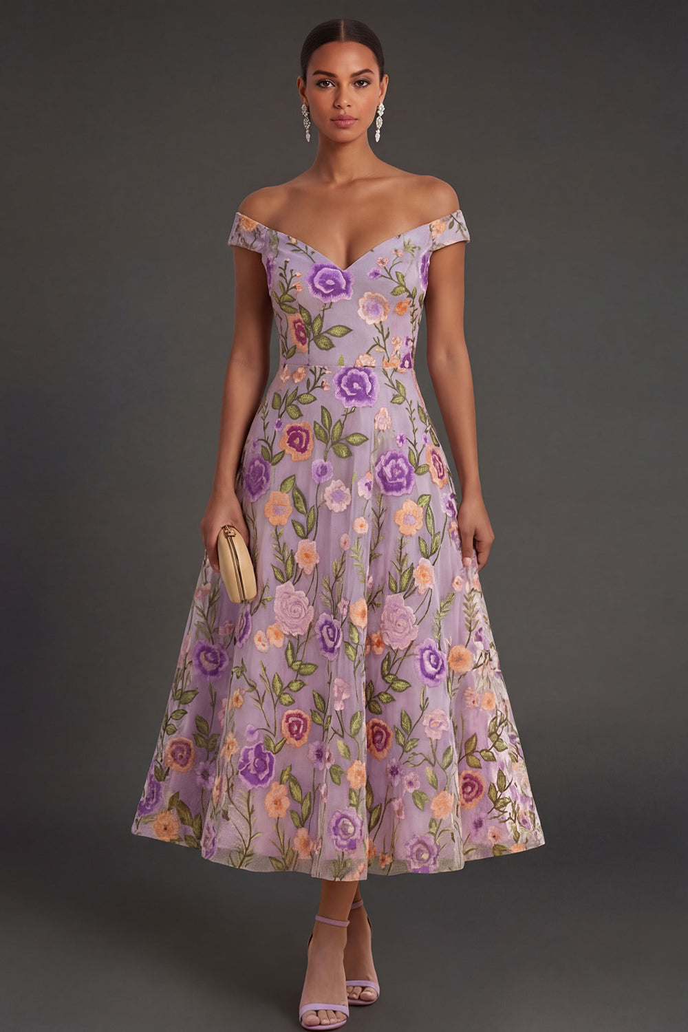 Lilac Violet Floral A-Line Wedding Guest Dress